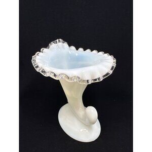 Vtg Fenton Silver Crest Milk Glass Cornucopia Ruffled Candle Holder 6.5'' Tall